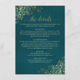 Golden Curls & Swirls on Dark Teal Wedding Details Informatiekaartje
