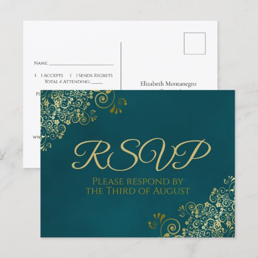 Golden Curls & Swirls on Teal Wedding RSVP Briefkaart (Voorkant / Achterkant)