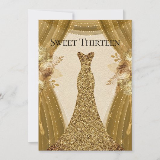 Golden Curtains Dress Sweet 13th Birthday Invite Kaart (Voorkant)