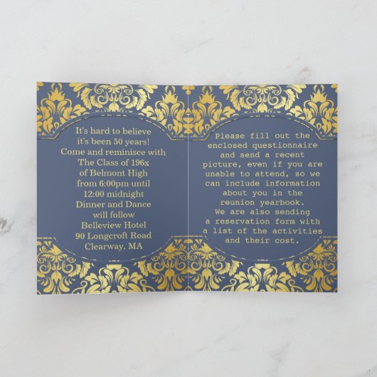 Golden Damask 50th Class Reunion Wenskaart Kaart (Binnen)