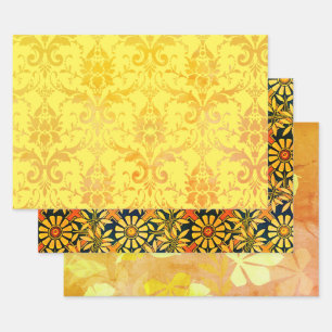 Golden Damask, Craftsy Zinnias en Tangerine Leaf Inpakpapier Vel