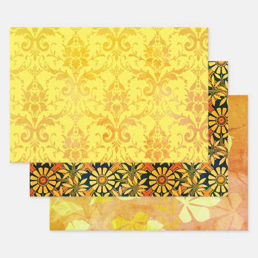 Golden Damask, Craftsy Zinnias en Tangerine Leaf Inpakpapier Vel (Set)