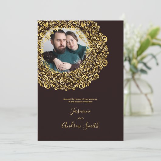 Golden Damask Foto Lijst Jubileum Kaart (Staand voorkant)