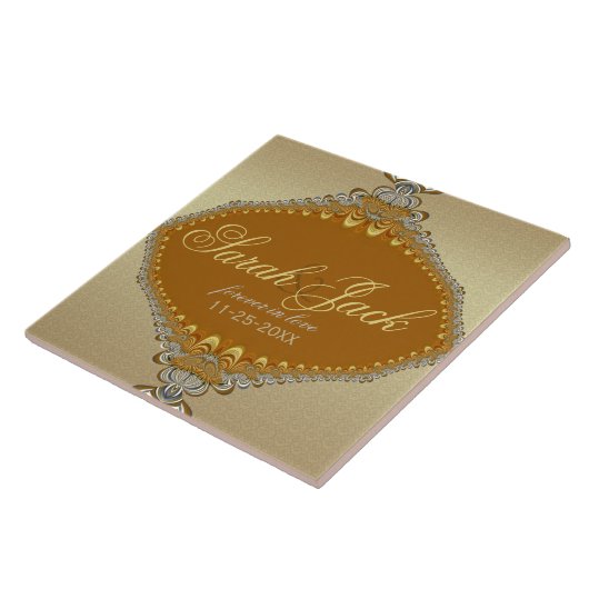 Golden Damask Fractal Lace Wedding Keepomwille Tegeltje (Zijkant)