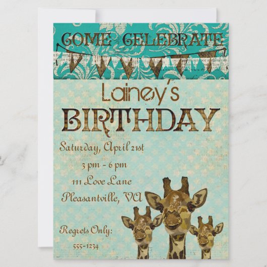 Golden Damask Giraffes Blue Birthday Invitation Kaart (Voorkant)