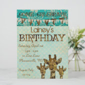 Golden Damask Giraffes Blue Birthday Invitation Kaart (Staand voorkant)
