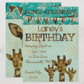 Golden Damask Giraffes Blue Birthday Invitation Kaart (Voorkant / Achterkant)