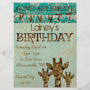 Golden Damask Giraffes Blue Birthday Invitation Kaart
