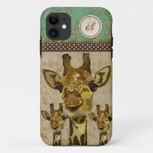 Golden Damask Giraffes Monogram iPhone Case