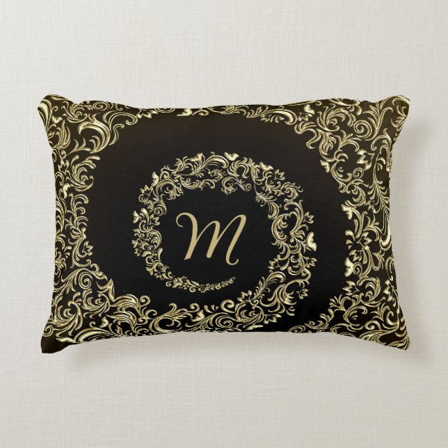 Golden Damask Monogram Accent Kussen (Voorkant)