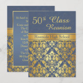 Golden damask op blue 50th Class Reunion Invite Kaart (Voorkant / Achterkant)