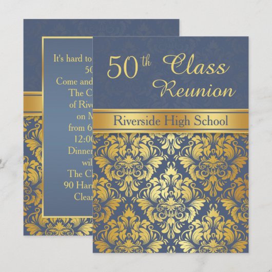 Golden damask op blue 50th Class Reunion Invite Kaart (Voorkant / Achterkant)