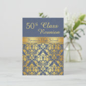 Golden damask op blue 50th Class Reunion Invite Kaart (Staand voorkant)