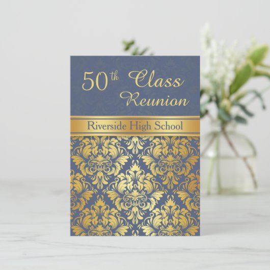 Golden damask op blue 50th Class Reunion Invite Kaart (Staand voorkant)