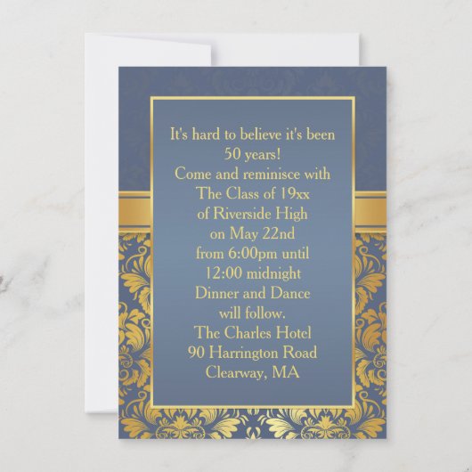 Golden damask op blue 50th Class Reunion Invite Kaart (Achterkant)