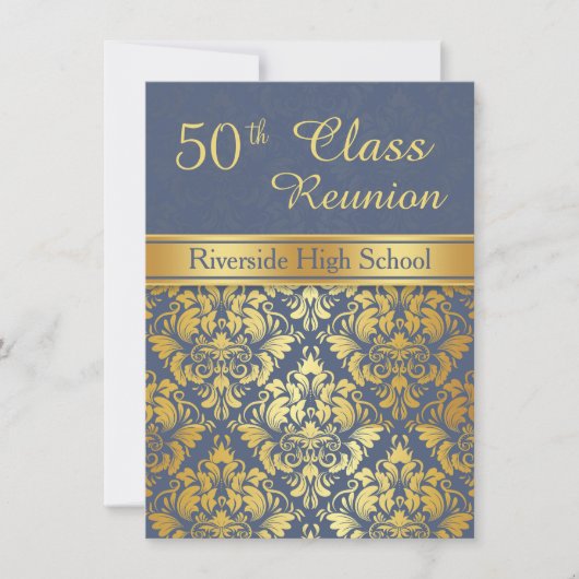 Golden damask op blue 50th Class Reunion Invite Kaart (Voorkant)