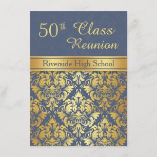 Golden damask op blue 50th Class Reunion Invite Kaart