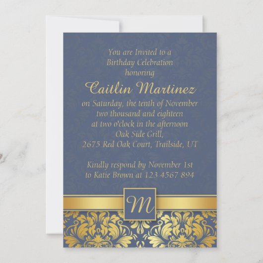 Golden damask op blue 90th Birthday Party Invite Kaart (Achterkant)
