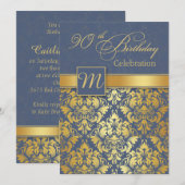 Golden damask op blue 90th Birthday Party Invite Kaart (Voorkant / Achterkant)