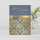 Golden damask op blue 95th Birthday Party Invite Kaart (Staand voorkant)