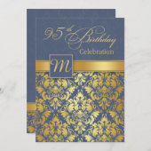 Golden damask op blue 95th Birthday Party Invite Kaart (Voorkant / Achterkant)