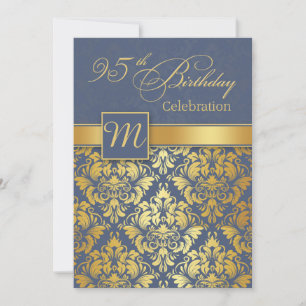 Golden damask op blue 95th Birthday Party Invite Kaart