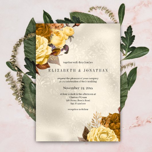 Golden Damask Roos bruiloft Kaart