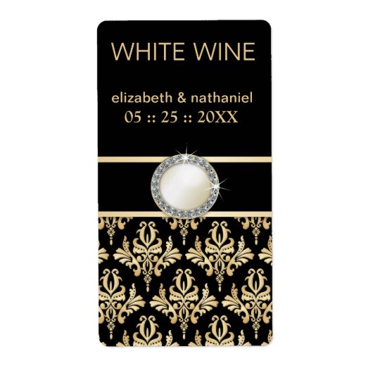 Golden Damask w Brooch Wedding Favor Wine Labels (Voorkant)