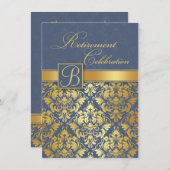Golden dammer op blauwe monogrammen Pensioenpartij Kaart (Voorkant / Achterkant)