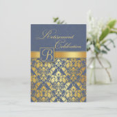 Golden dammer op blauwe monogrammen Pensioenpartij Kaart (Staand voorkant)