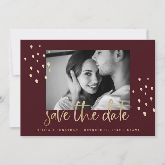 Golden Date | Gold Script Burgundy met foto Save The Date (Voorkant)