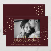 Golden Date | Gold Script Burgundy met foto Save The Date (Voorkant / Achterkant)