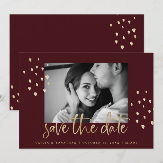 Golden Date | Gold Script Burgundy met foto Save The Date (Voorkant / Achterkant)