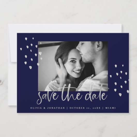 Golden Date | Zilver script op marine met foto Save The Date (Voorkant)