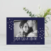 Golden Date | Zilver script op marine met foto Save The Date (Staand voorkant)