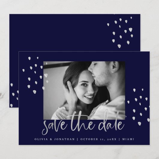Golden Date | Zilver script op marine met foto Save The Date (Voorkant / Achterkant)
