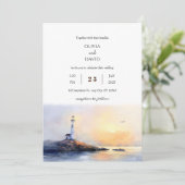 Golden Dawn Vuurtoren Waterverf Strand Bruiloft Kaart (Staand voorkant)