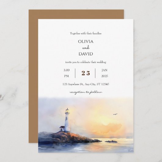 Golden Dawn Vuurtoren Waterverf Strand Bruiloft Kaart (Voorkant / Achterkant)