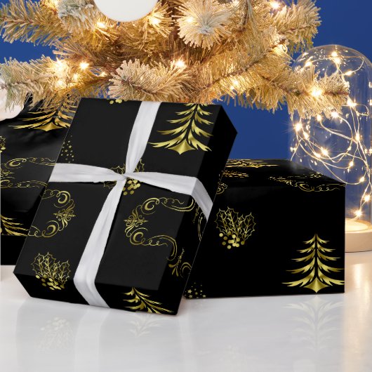 Golden Decorations on Black Christmas Cadeaupapier (Feestdagen)
