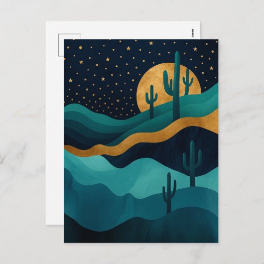 Golden Desert Nightscape - Abstracte Cactus kunst Feestdagenkaart (Voorkant / Achterkant)