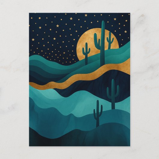 Golden Desert Nightscape - Abstracte Cactus kunst Feestdagenkaart (Voorkant)