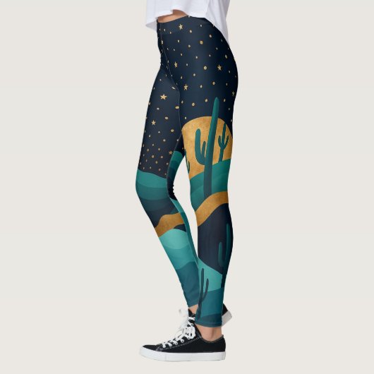 Golden Desert Nightscape - Abstracte Cactus kunst Leggings (Links)