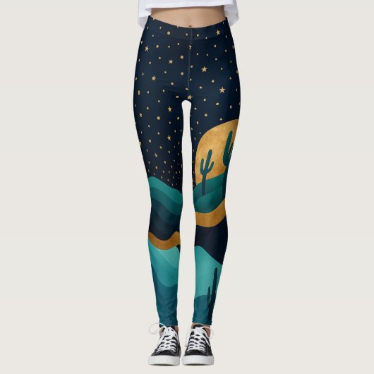 Golden Desert Nightscape - Abstracte Cactus kunst Leggings (Voorkant)