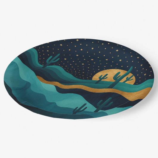 Golden Desert Nightscape - Abstracte Cactus kunst Papieren Bordje (Gekanteld)