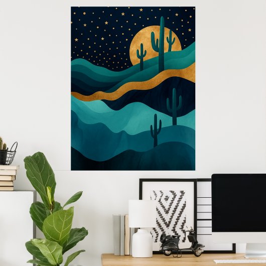Golden Desert Nightscape - Abstracte Cactus kunst Poster (Thuiskantoor)