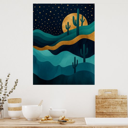 Golden Desert Nightscape - Abstracte Cactus kunst Poster (Keuken)
