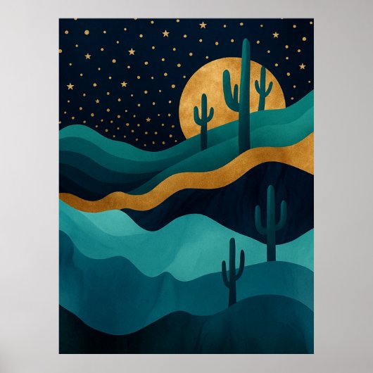 Golden Desert Nightscape - Abstracte Cactus kunst Poster (Voorkant)