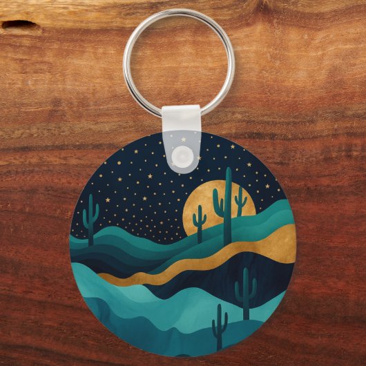 Golden Desert Nightscape - Abstracte Cactus kunst Sleutelhanger (Voorkant)