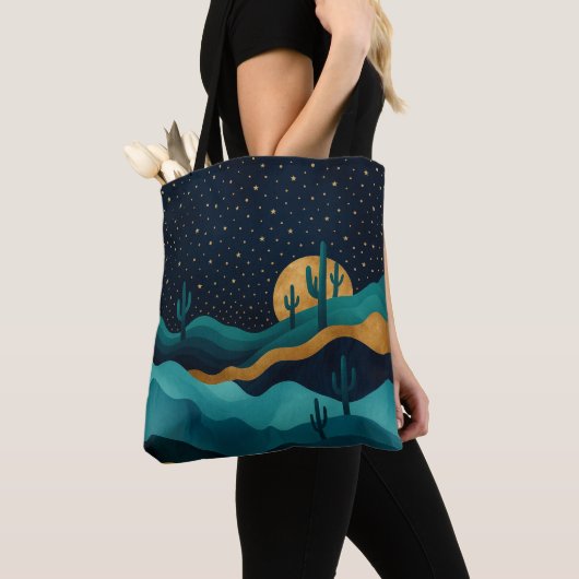 Golden Desert Nightscape - Abstracte Cactus kunst Tote Bag (Dichtbij)