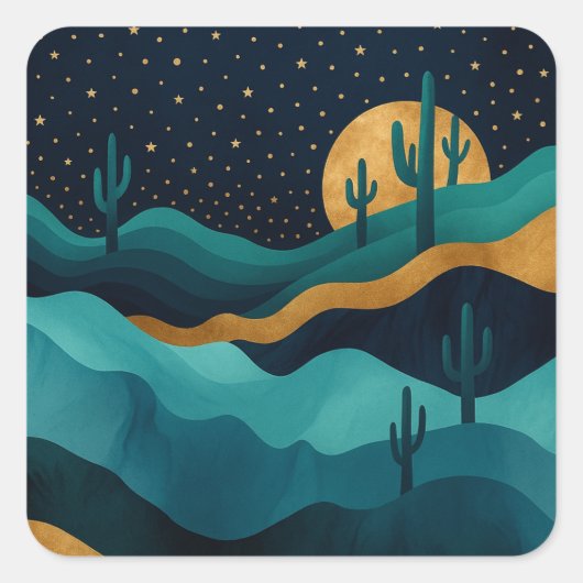 Golden Desert Nightscape - Abstracte Cactus kunst Vierkante Sticker (Voorkant)